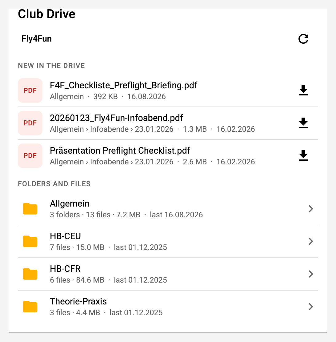 The club drive card with "New in the drive" and the folders