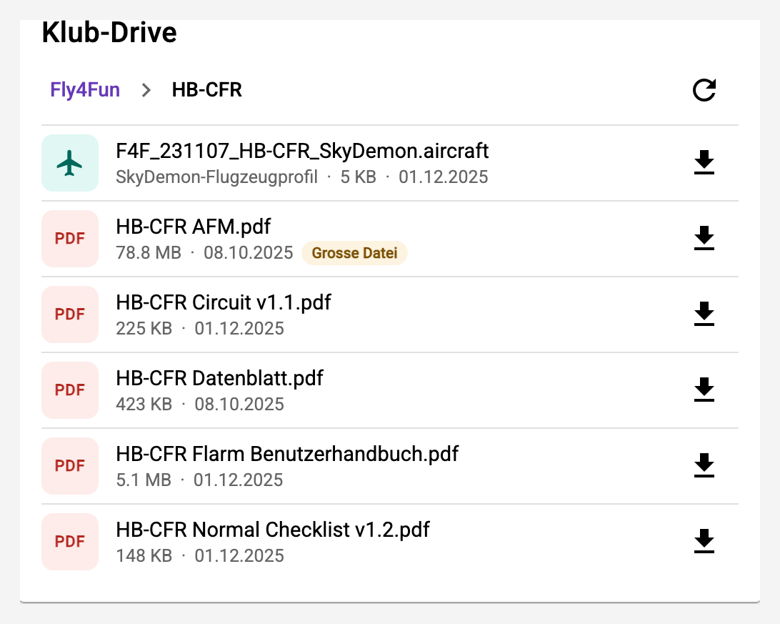 Ein Ordner des Klub-Drives mit Kacheln, Grössen und dem Knopf zum Herunterladen