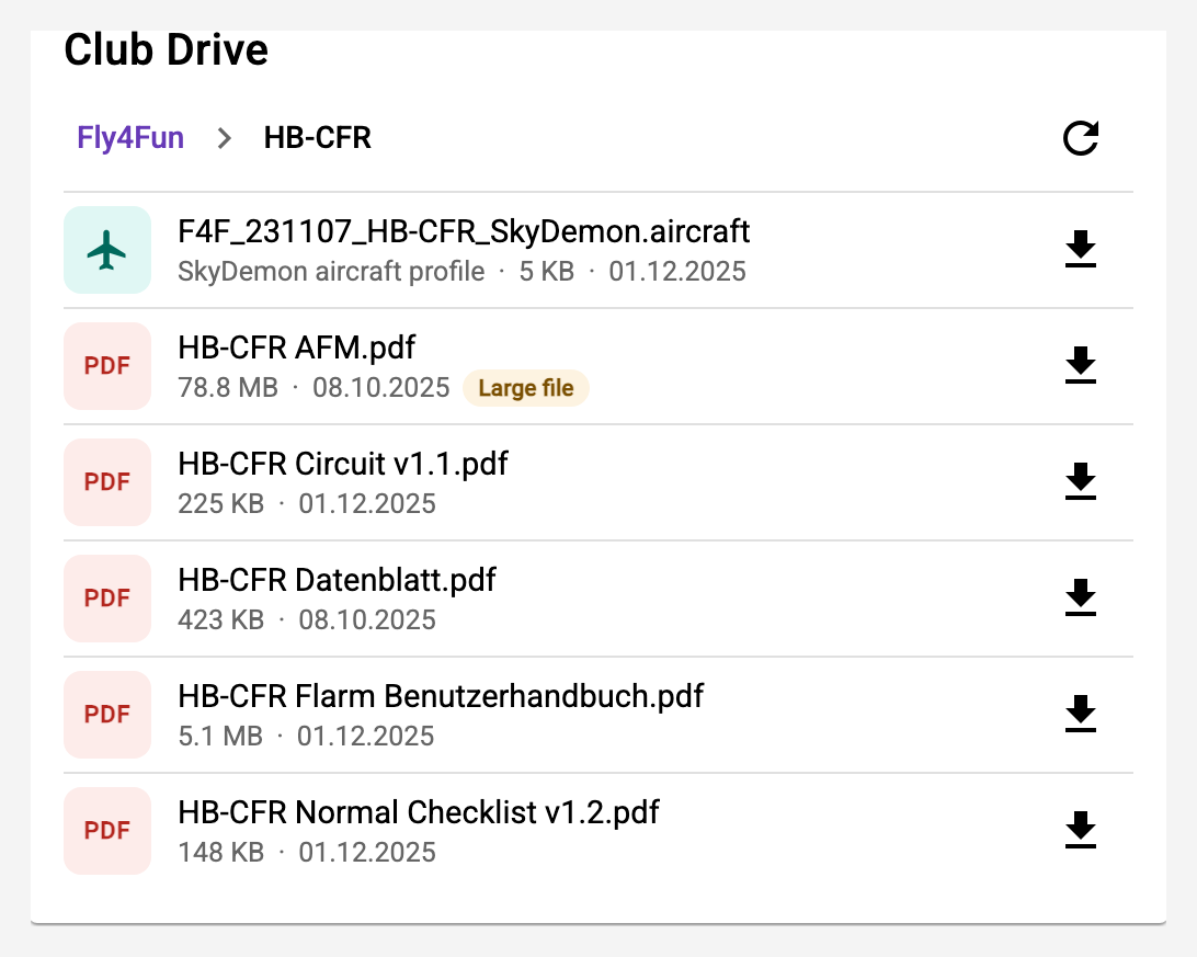 A folder of the club drive with tiles, sizes and the download button