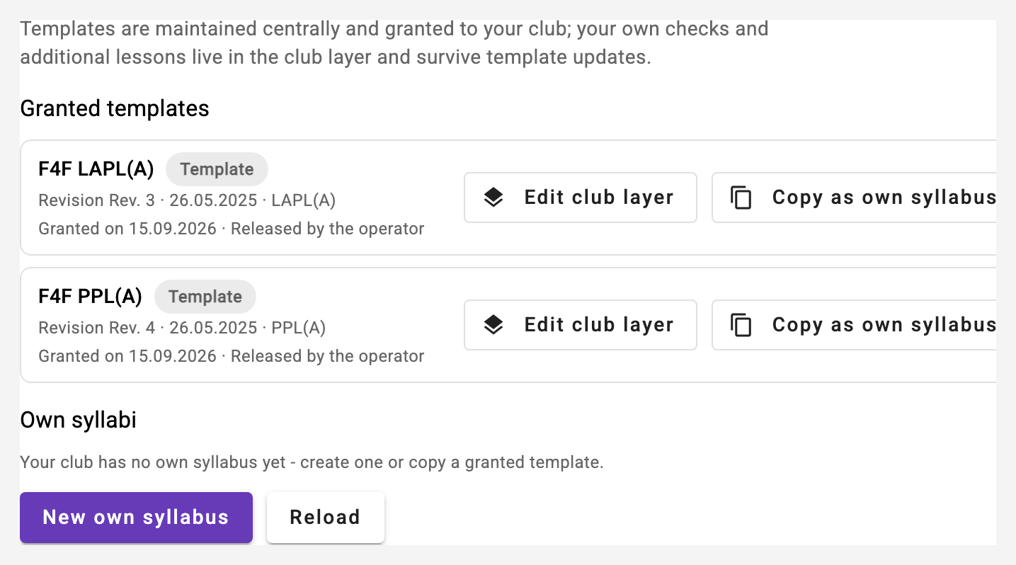Club settings, step Training: granted templates and own syllabi Club_Syllabus_Step_Image