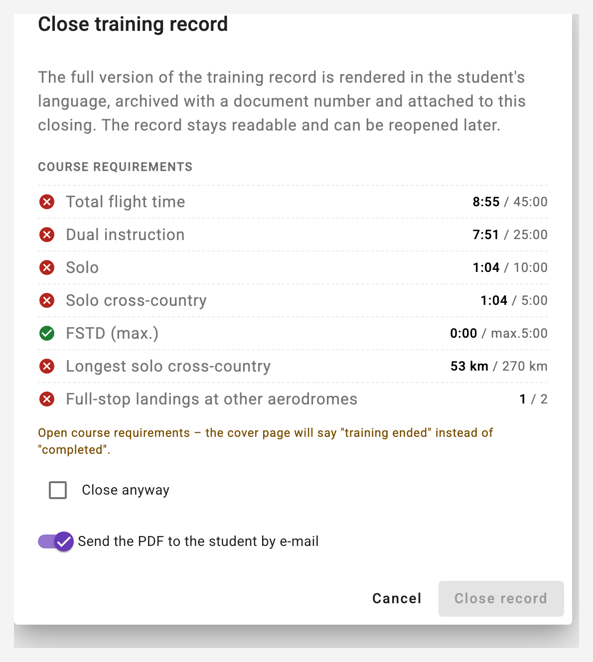 Closing the record with the check sheet Dossier_Close_Dialog_Image