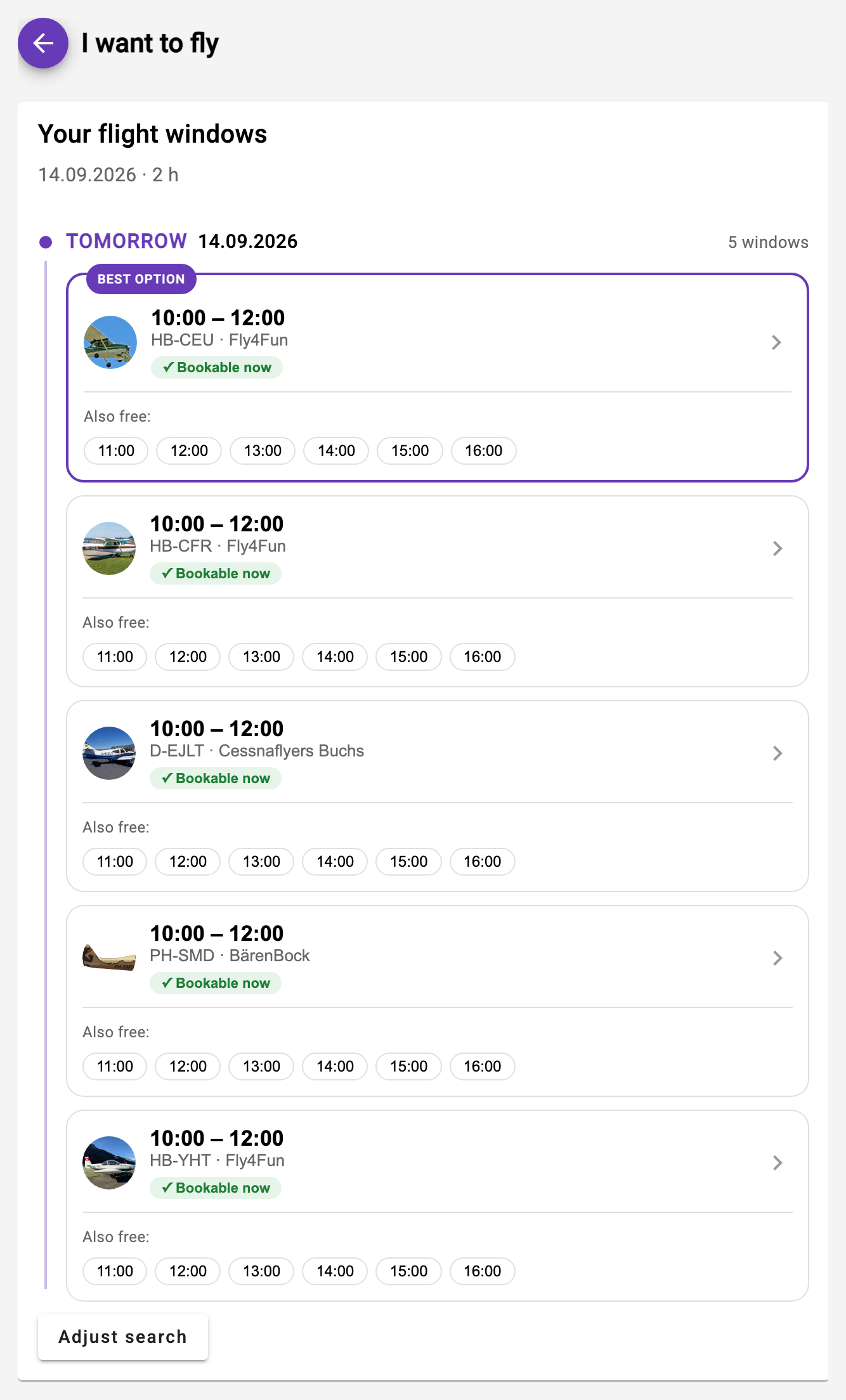 Proposed flight windows in the app