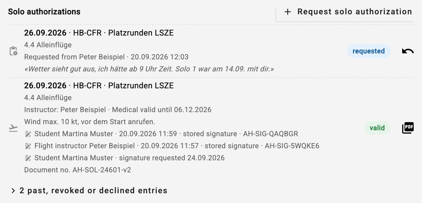 Solo authorizations in the student's record: an open request and a valid authorization with both signatures Solo_Authorizations_Image