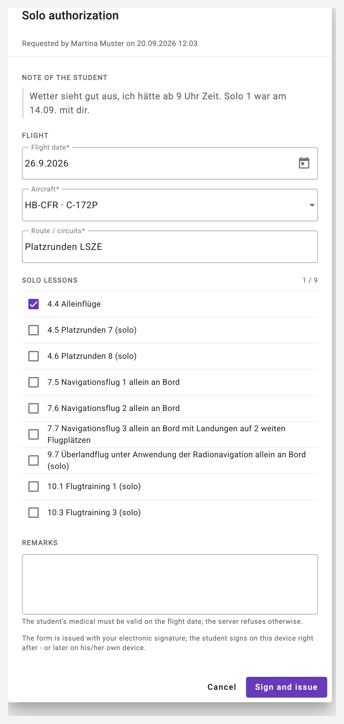 Check and issue: the instructor's dialog, prefilled from the request, with the student's note Solo_Issue_From_Request_Image
