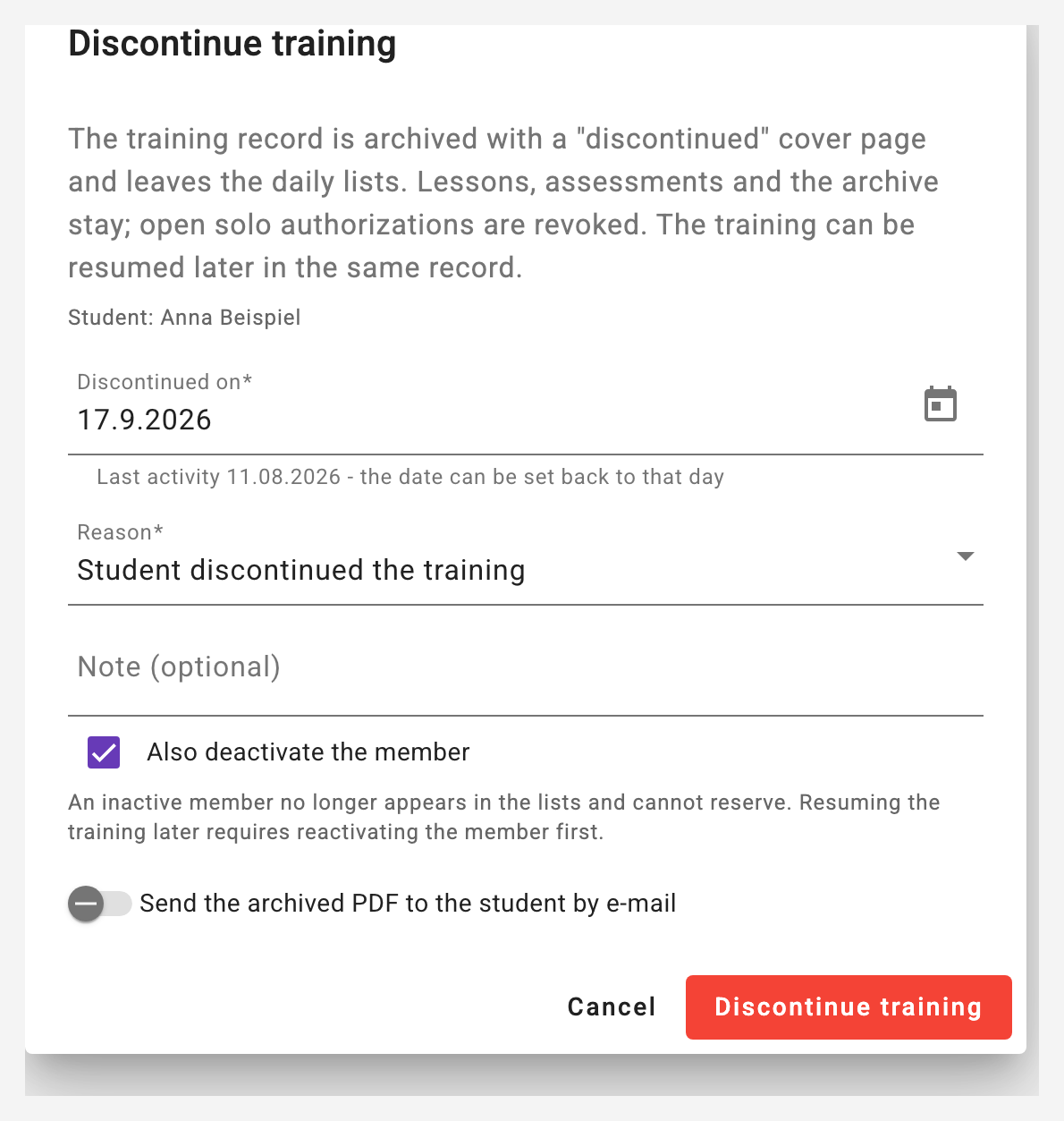 Discontinue training: date, reason and note Syllabus_Discontinue_Dialog_Image