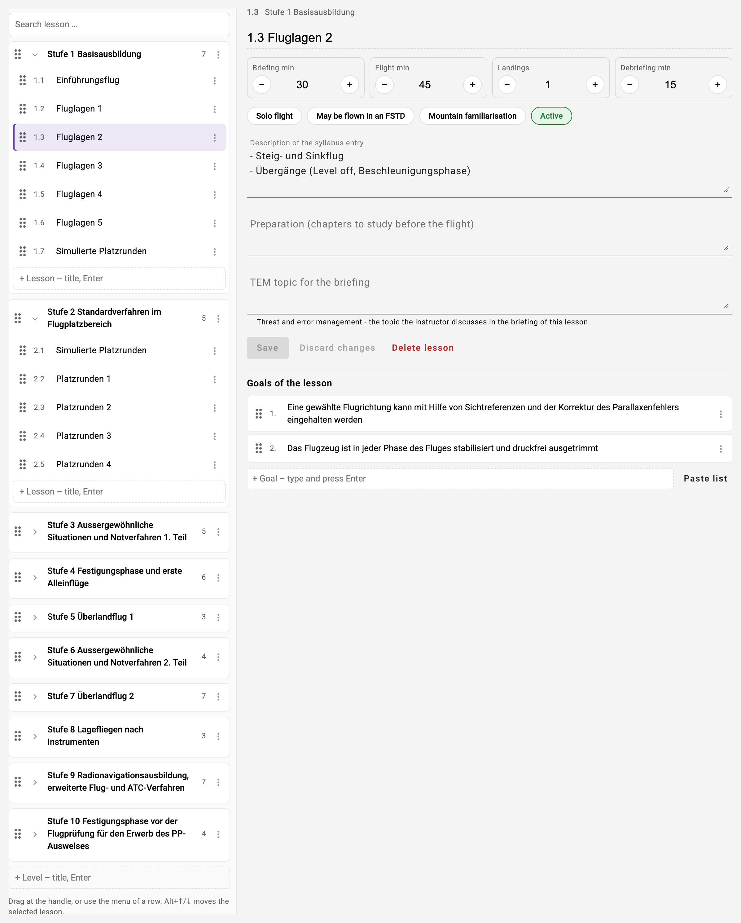 The syllabus editor: outline with short codes and handles, the selected lesson on the right Syllabus_Editor_Image