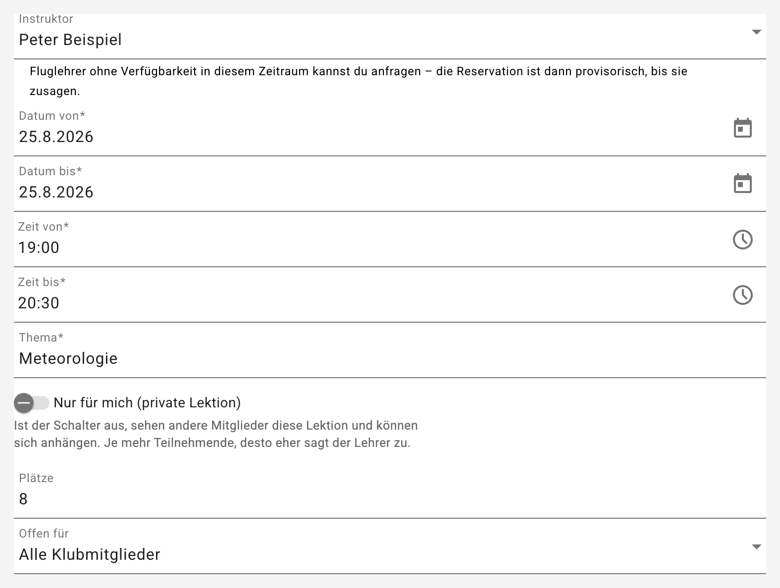 Thema, Lehrer und der Schalter für private Lektionen Theoriestunde anfragen