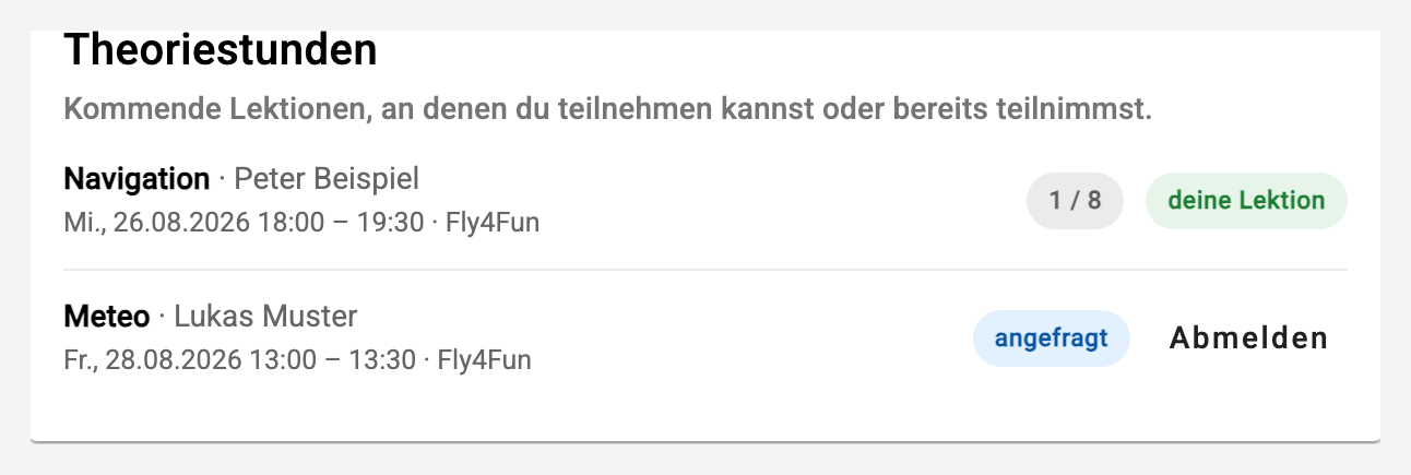 Kommende Lektionen zum Mitmachen Theoriestunden auf dem Dashboard