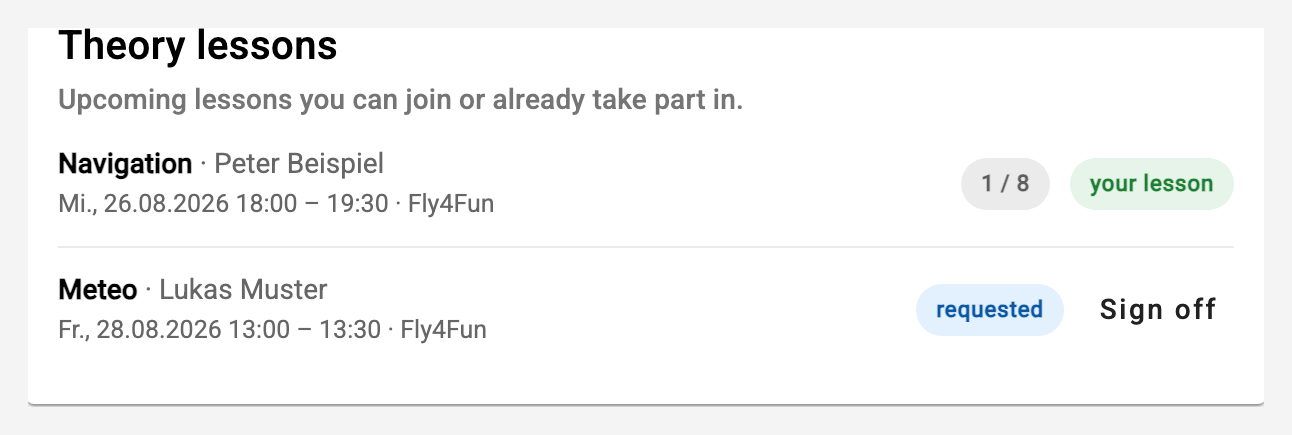 Upcoming lessons to join Theory lessons on the dashboard