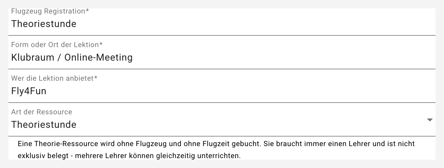 Theorie-Ressource im Flugzeugformular Theorie-Ressource