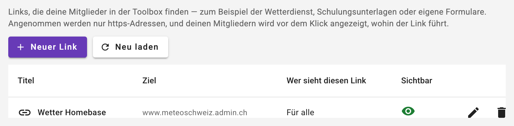 Die Pflege der Klub-Links in den Klub-Einstellungen Toolbox-Links